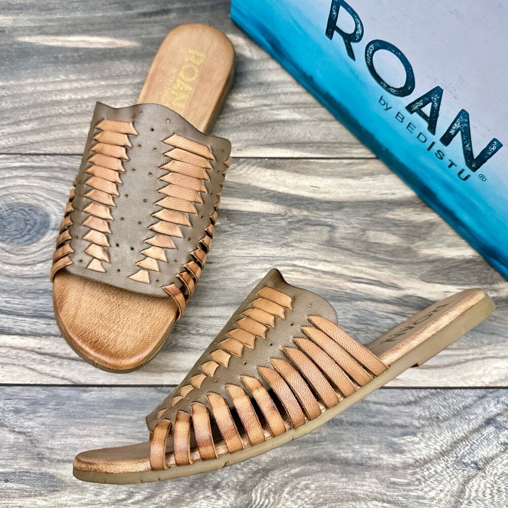 NIB Roan Bed Stu Chastity 7 37 Leather Huarache Slide Flat Sandals Almond Oats